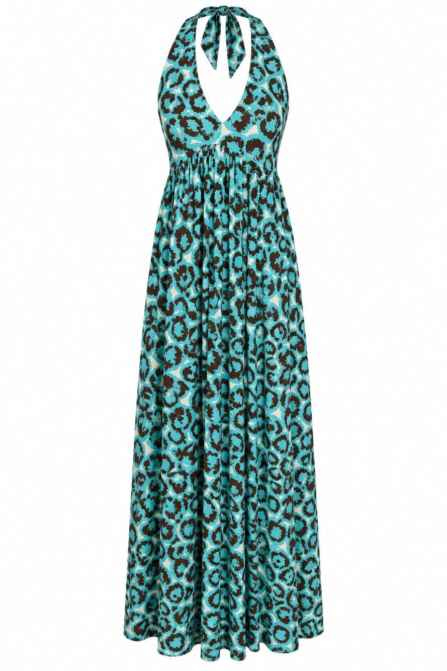 Diane von Furstenberg DVF Silk Maxi Dress Size 10 Turquoise Brown Leopard Halter